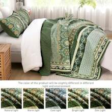 King Size Quilt Olive Green Spring Summer Bedspread Bedding Set 3 Pieces Bohemia Coverlet with 2 Pillow Shams for All Season 110x90 Inch - Verde Oliva - Ver 6