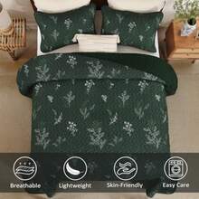 Green Queen Size Quilt Set Branch Bedspread Coverlet Set Olive Green Botanical Floral Pattern Quilted Bedding Set 3 Piece Soft Lightweight Microfiber Bed Cover for All Season 96''x90'' - Verde Oliva - Ver 5