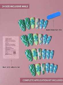 24片Y2K杏仁绿法式美甲贴片，饰以金粉花朵和线条图案，粉嫩少女风，易于佩戴的亚克力假指甲套装，包含1片果冻胶和1把指甲锉，适合女性和女孩日常佩戴以及各种派对场合。 - 彩色 - 查看 4