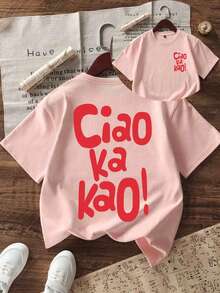 Tween Girl "Ciao Ka Kao" Italian Print Soft & Comfortable T-Shirt, Suitable For Outdoor Sports, Casual Daily Wear, Street & Campus Style, Fashionable Girls Spring/Summer Versatile Top - Pink - View 4