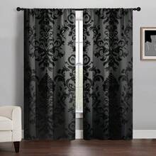 Bộ 2 rèm cửa họa tiết hoa đen cổ điển - Phong cách Gothic thời Victoria, in phẳng 2D, thiết kế có túi đựng thanh treo tiện lợi, hoàn hảo cho trang trí phòng khách và phòng ngủ. - Nhiều màu - Xem 10