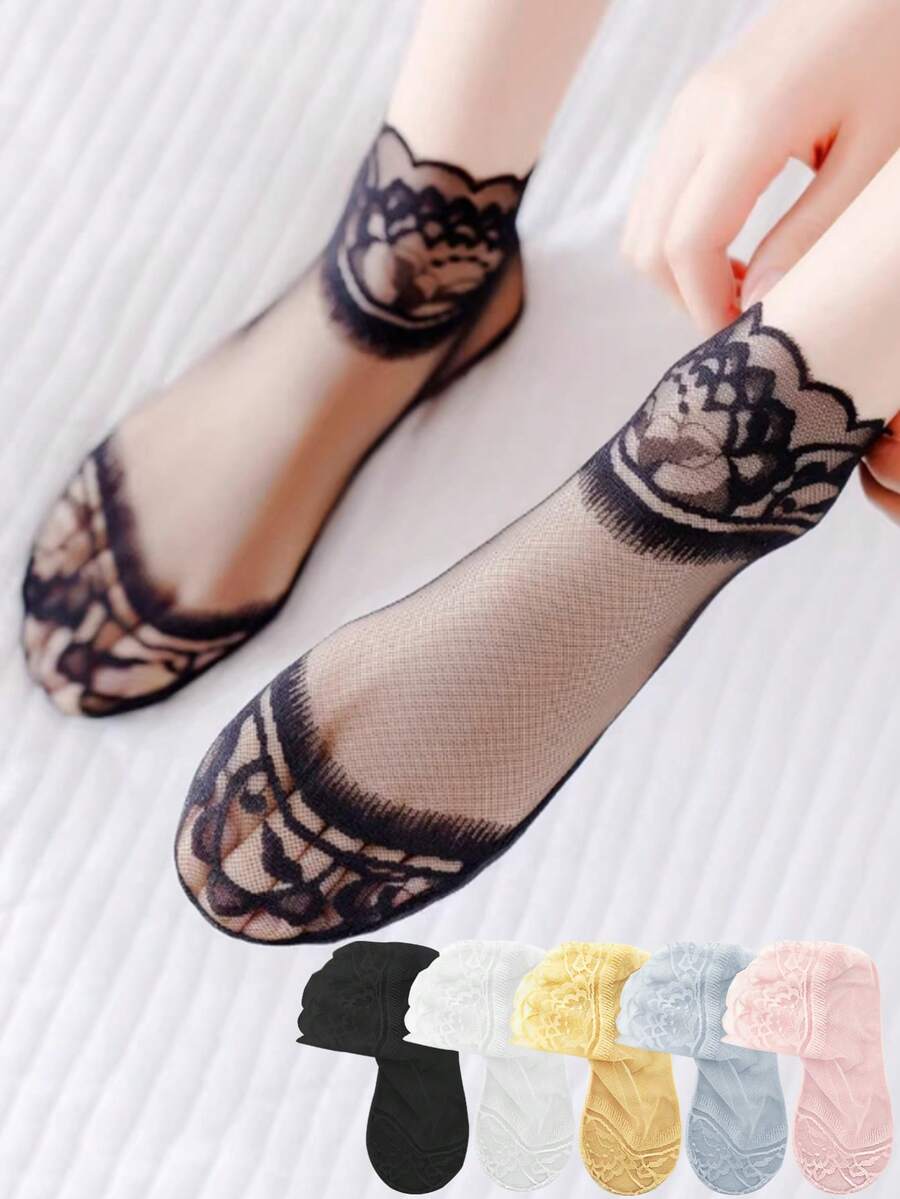 chuanwa（2） 1/5/10 Pairs Of Women's Lace Transparent Lolita Invisible Spring And Summer Thin Non-Slip Short Ankle Socks