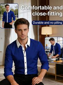 Áo sơ mi nam dài tay màu xanh hải quân, cổ áo và nẹp áo phối màu trắng, kiểu dáng công sở/thường ngày, mẫu mùa xuân 2026. - Màu xanh lam - Xem 6