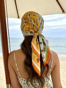 1条印花缎面拼接头巾，色彩鲜艳柔软，适合海滩、周末旅行和休闲装扮，夏季发饰，沙滩发带，度假头巾 - 彩色 - 查看 2