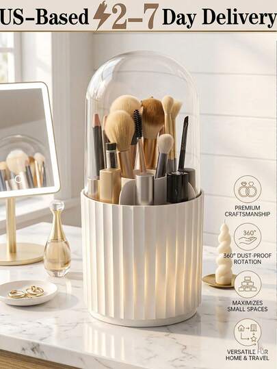 [2-7 Days Must Arrive] Dust-Proof Bathroom Vanity Organizer, 1Pc Rotating Makeup Brush Storage Box, Waterproof Cosmetic Holder For Countertop, Minimalist Vertical Striped Design, Space-Saving Bathroom Accessories For Skincare & Tools