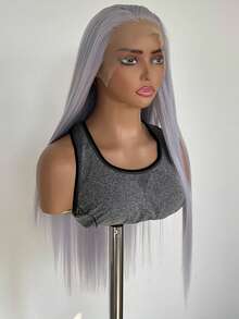 Tóc giả dài thẳng màu xám khói dành cho nữ, chất liệu tổng hợp, kiểu ren phía trước, đường chân tóc tự nhiên 13*4, tóc giả màu xám bạc phù hợp cho sử dụng hàng ngày, dự tiệc và cosplay. - Bụi tím - Xem 3