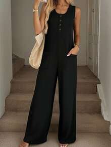 女士纯色休闲舒适前扣无袖连体裤，夏季黑色 - 黑色 - 查看 5