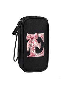 Compact Black Double-Layer Zipper Storage Bag And Digital Product Organizer With 26 Cute Patterned Bow Letters: A Must-Have Travel Cable And Electronics Storage Accessory That Can Store Power Banks, USB Data Cables, Headphones - Multicolor - View 8