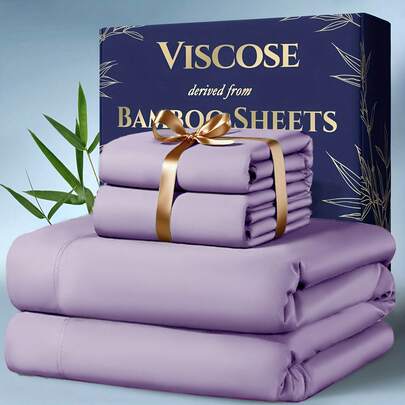 Sheet&Joy 4pcs Bamboo Cooling Bedding - Extra Deep Pocket Breathable And Cooling - Suitable For Hot Sleepers And Sweats, Pillowcases, Flat Sheet And Fitted Sheet - A Perfect Gift For Family, Queen And King Sizes, Next Day Delivery