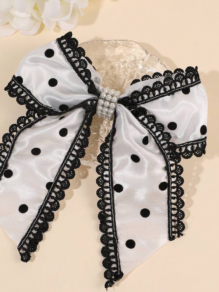 1 chiếc nơ cài tóc chấm bi cho bé gái, viền ren đen, kẹp cá sấu, nơ cài tóc bằng satin bóng, nơ cài tóc kiểu Pháp cổ điển thanh lịch, kẹp tóc thời trang kiểu Hepburn, nơ cài tóc phong cách Boho, quà tặng cho kỳ nghỉ/tuổi teen, phụ kiện tóc. - trắng - Xem 6