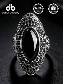 1pc S925 Sterling Silver Bohemian Mirror Polished Ring, Pave Set Black Stone Main Gemstone, Vintage Chic Design, Suitable For Daily, Commute, Party Wear, Stackable Jewelry, Great Gift For Valentine's Day, Mother's Day, Comes With Gift Box - Bohemian Style - View 5