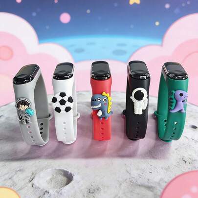 5 piezas Reloj electrónico con pantalla táctil de la serie espacial con lindo colgante de dibujos animados - 5 patrones, brazalete deportivo suave y amigable con la piel, adecuado para Navidad, cumpleaños, uso diario, escuela, deportes
