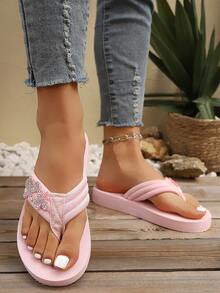 2026 Summer Women's Rhinestone Flower Thong Sandals, Comfortable Thick Sole Casual Beach Slippers - Pink - View 2