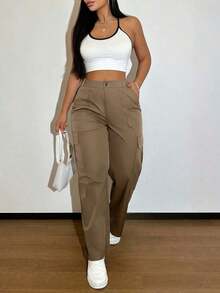 Brown Multi-Pocket Buttoned Casual Y2K Leisure Elegant And Cute Work Pants. Suitable For Back-To-School, Clubs, Birthday Parties, Halloween, New Year, Thanksgiving, Concerts, Gyms, Beaches, Vacations, Business, Daily Airport Wear, Street Style, Teacher's Day, Spring, Summer, Autumn And Winter. - 棕色 - 查看 9