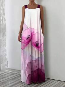 Plus Size Floral Print Spaghetti Strap Vacation Dress Summer Elegant - Purple - View 3