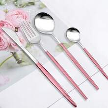 24pcs Pink Handle Stainless Steel Cutlery Set, Modern Tableware Set For 6 People, Including Steak Knife Fork Spoon, Suitable For Household Daily Use, Parties, Weddings - Pink Silver - View 2
