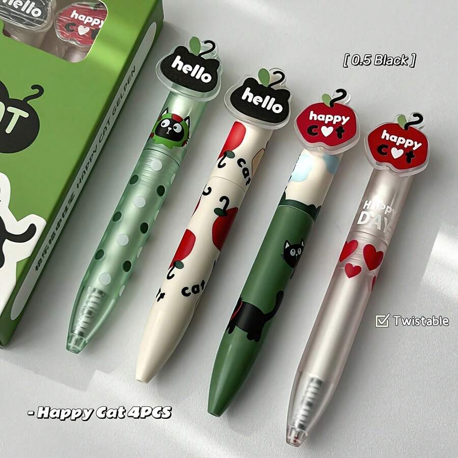 4盒快乐猫造型圆珠笔，0.5毫米速干黑色墨水，磁性旋转创意书写笔，办公用品 - 套 - 查看 1