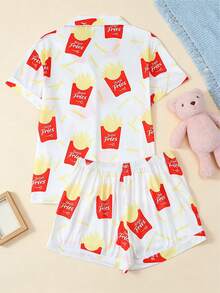 2 Piece Sets Woman Pajama, Fun French Fries Print, Soft Breathable Loungewear, Spring Summer Short Sleeve Lapel Top & Elastic Waist Shorts - trắng - Xem 2