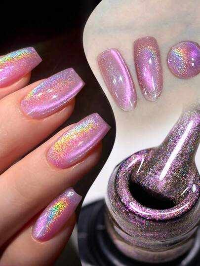 Mtssii 1瓶7毫升彩虹极光猫眼凝胶指甲油，全息激光闪粉猫咪磁铁半永久性可卸UV凝胶指甲油，适合夏季美甲，美甲DIY，家用和美甲沙龙用品