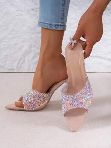 Spring/Summer Women Sequins Decor Mules, PVC Stiletto Heeled Glamorous Sandals - Pink - View 8