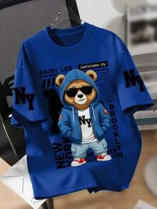 青少年男孩泰迪熊及标语印花圆领短袖T恤，新款春夏男童图案T恤 - 藍色 - 查看 1