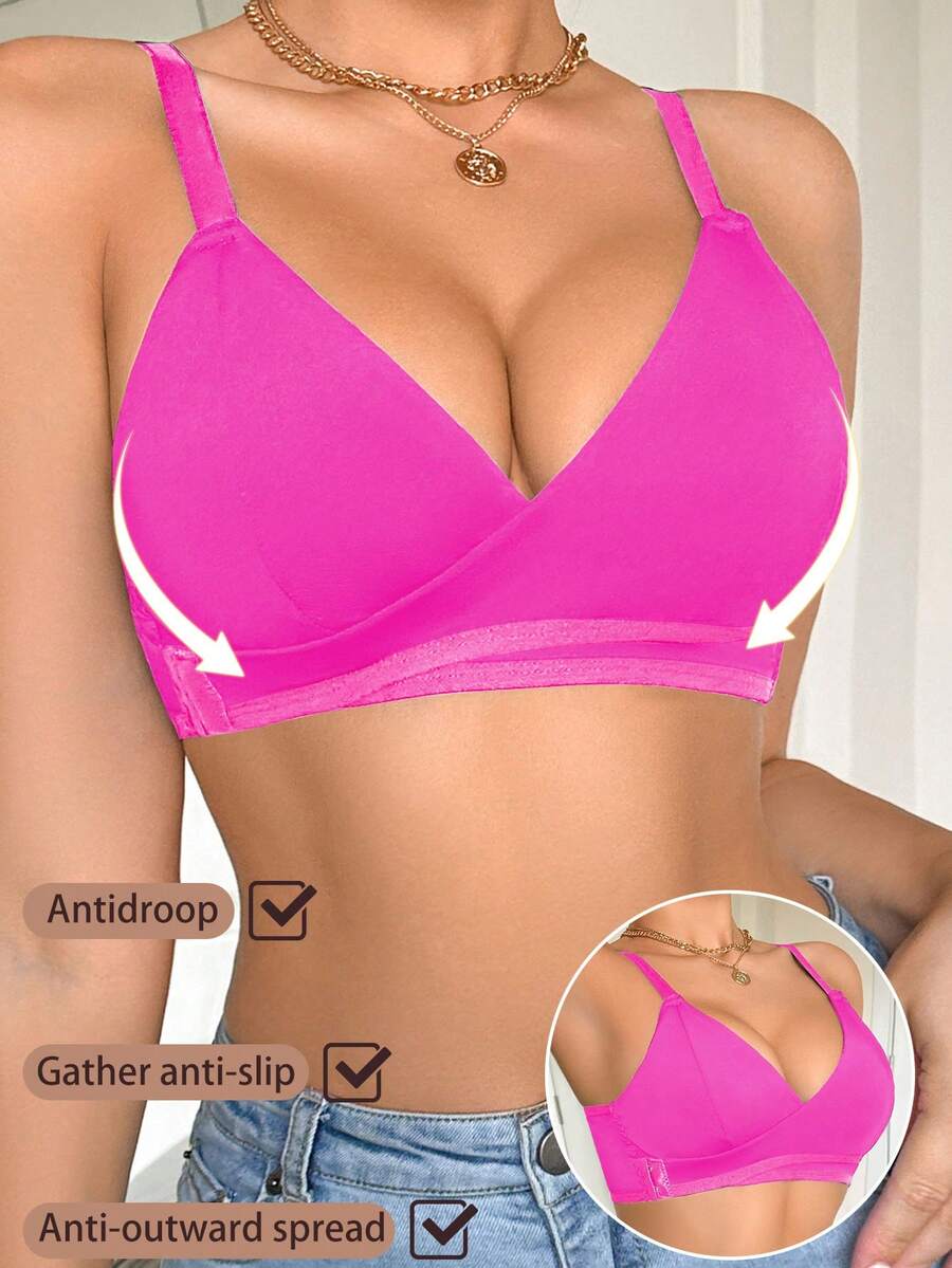 Solid Color Patchwork Front-Open Wireless Bra For Women - Hot Pink - View 1