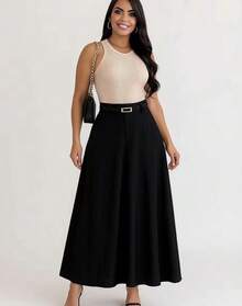 Women's Long Full Skirt, Tailored, Evangelical Fashion, Casual, Basic, Winter, High Waist, Elegant - 黑色 - 查看 2