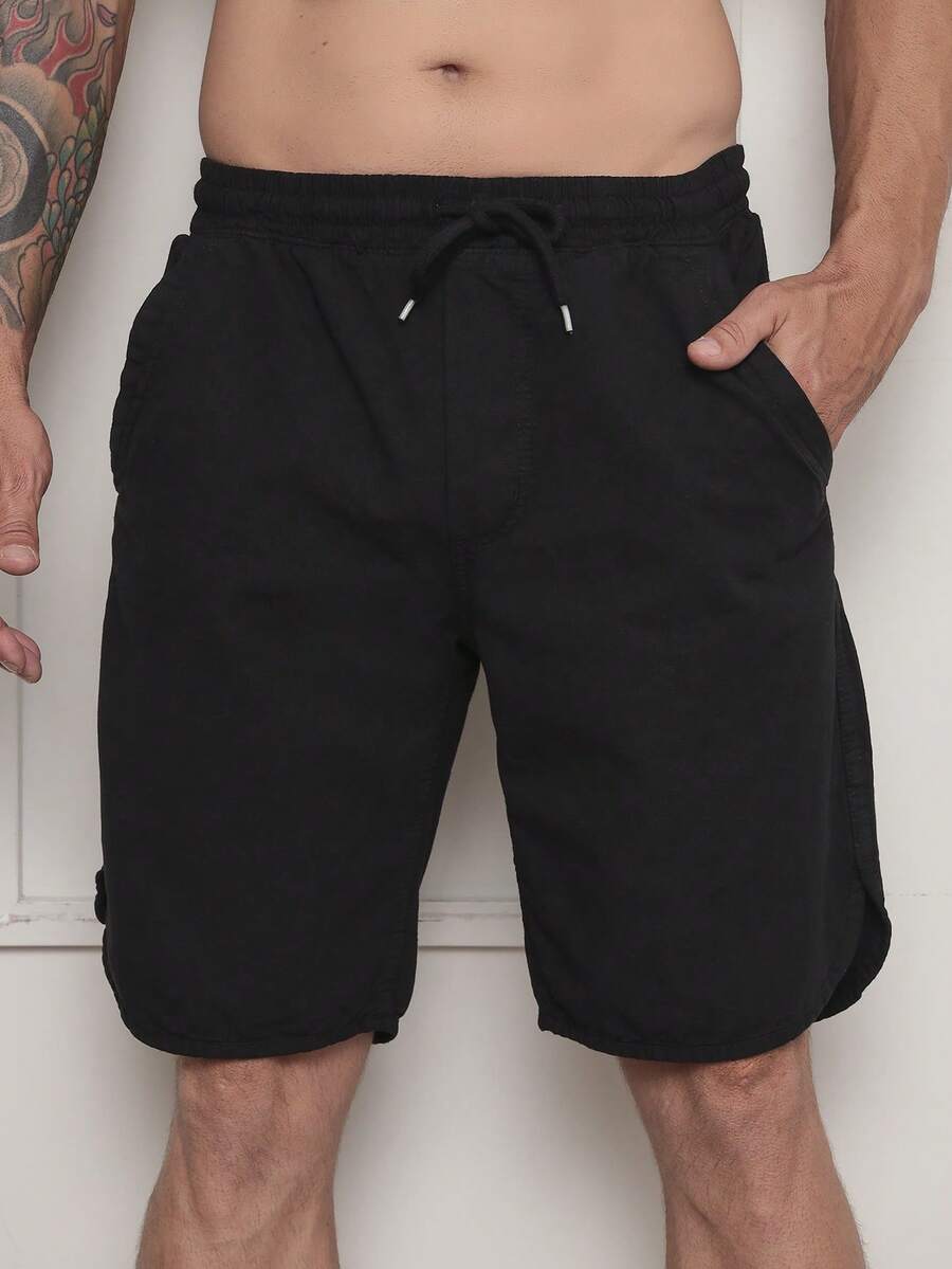 Men's Bermuda Shorts In Twill Fabric With Elastic Waistband - Black - View 1