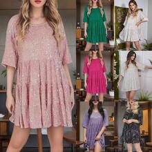New European And American Fashion Round-Neck Loose-Waist Short-Sleeve Sequin Dress - 玫紅色 - 查看 2