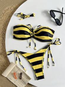 Bộ bikini 2 mảnh kẻ sọc thanh lịch không lưng kèm phụ kiện mặt dây chuyền đính hạt, bộ bikini đi biển. - Nhiều màu - Xem 1