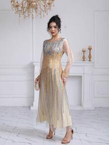 JINLICX 奢华银色串珠杏色连衣裙 时尚正式晚礼服 - 杏色 - 查看 4