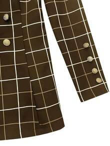 Women's Front Button Notched Collar Long Sleeve Plaid Casual Blazer Vacation Spring - Brown - View 4