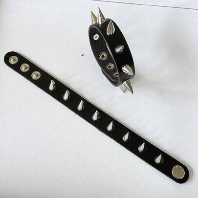 Set de 2 pulseras con picos, pulsera de cuero sintético negro de estilo punk rock, brazalete metálico accesorios góticos para hombres