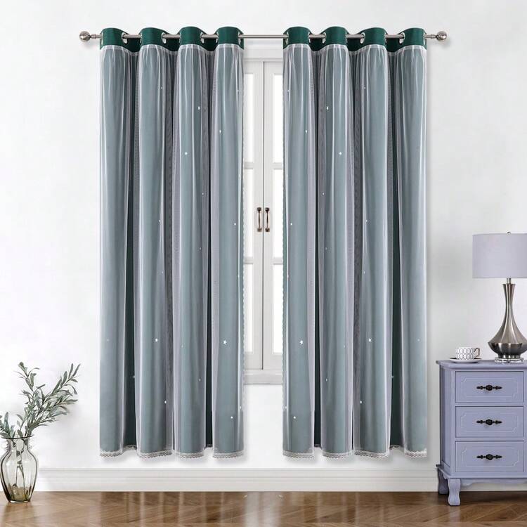 1pc Hollow Star Curtain, Polyester Lace Double-Layer Curtain, Darkening Curtain For Living Room & Bedroom, Cute Style - Army Green - View 20