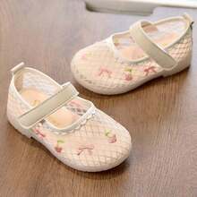 1 Pair Infant/Toddler Girls' Flat Non-Slip Pink Casual Mesh Breathable Shoes With Cherry Blossom & Butterfly Embroidery Decor - Beige - View 3