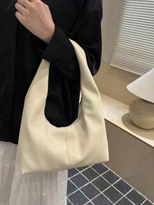 1 pieza Bolso de mano de unicolor de PU personalizado para uso diario, bolso de tela minimalista, bolso de hombro, bolso de axila - Beis - Ver 6