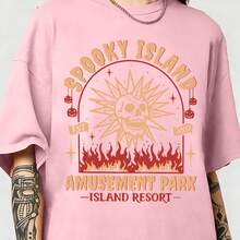 Spooky Island Amusement Park T-Shirt, Retro 2000s Halloween Movie Shirt, Disco Skull, Summer Spooky T-Shirt, 90s Nostalgia Halloween Tee For Halloween-Motion Tee - 粉色 - 查看 11