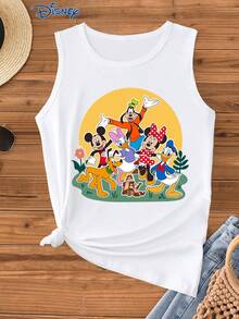 Disney 1件女士休闲米奇和朋友卡通印花背心，时尚圆领弹力无袖上衣，适合日常穿着，易护理面料 - 白色 - 查看 1