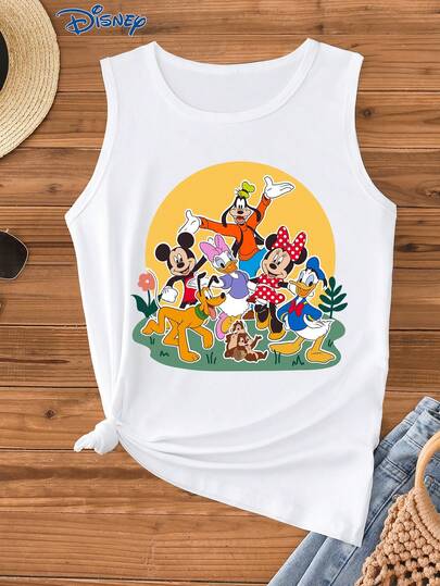 Disney 1件女士休闲米奇和朋友卡通印花背心，时尚圆领弹力无袖上衣，适合日常穿着，易护理面料