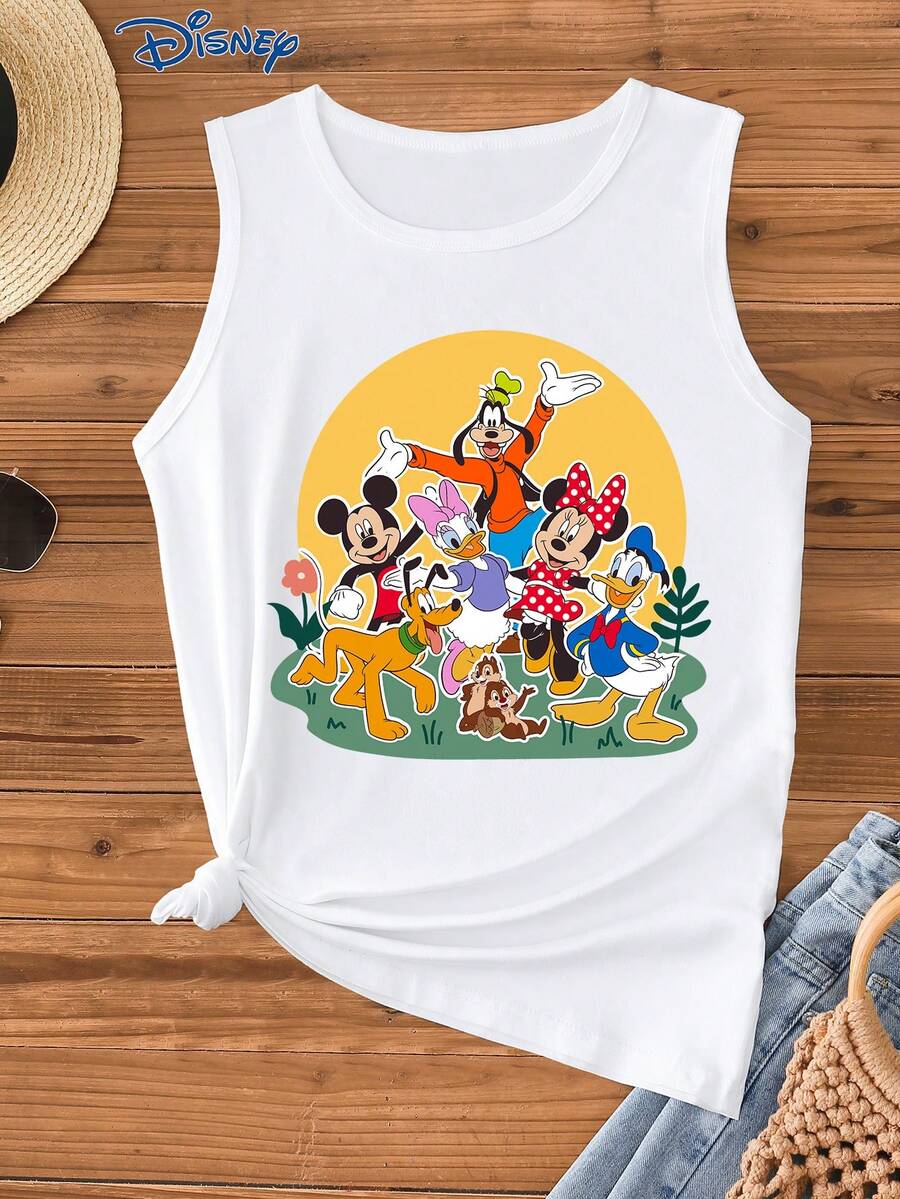 Disney 1件女士休闲米奇和朋友卡通印花背心，时尚圆领弹力无袖上衣，适合日常穿着，易护理面料 - 白色 - 查看 1