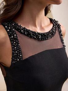 Camiseta elegante de Aliao con malla de cristales y cuentas, parte superior sin mangas para primavera/verano, para ir al trabajo, citas, bodas, playa - Negro - Ver 1