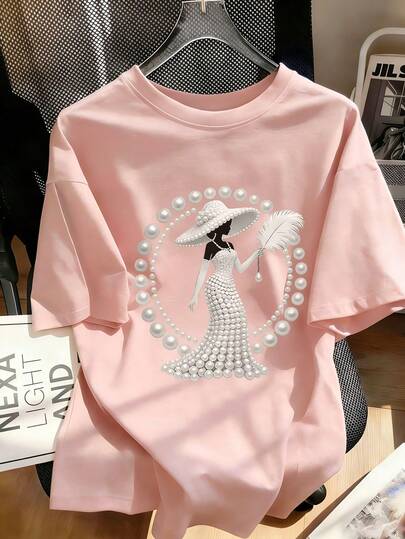 1pc Tween Girl Printed Short Sleeve T-Shirt, Student Youth Clothing, Summer Gift For Kids