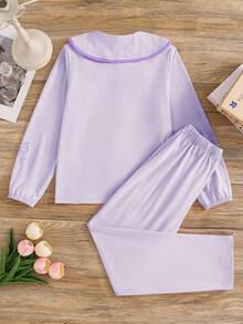 Bộ đồ ngủ 2 mảnh màu tím nhạt dễ thương, kiểu dáng thường ngày, gồm áo dài tay cổ nơ và quần, thích hợp cho bé gái mặc ở nhà, các dịp lễ, ngày Valentine, ngủ qua đêm và thư giãn. - Màu tím hoa cà - Xem 4