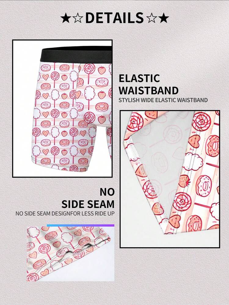 1pc Men's Creative Printed Boxer Briefs, Featuring Cute Candy, Cotton Candy, Donut Prints, Polyester Fabric, Casual Loungewear, Ideal For Valentine's Day And Dessert-Themed Gifts - Pink - View 7