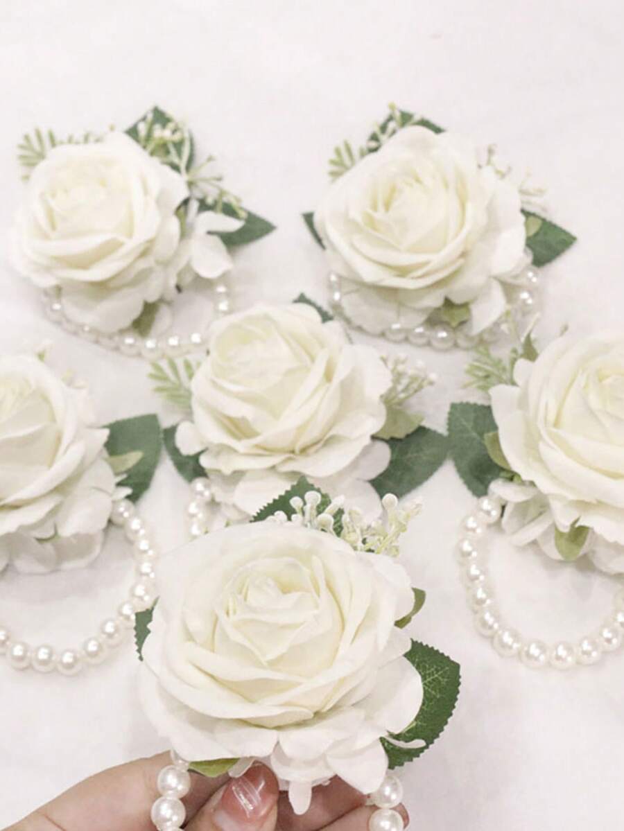 3pcs Wrist Corsage, Bridesmaid Wrist Flower, Faux Rose Wrist Corsage, Wedding Party Decoration - White - View 1