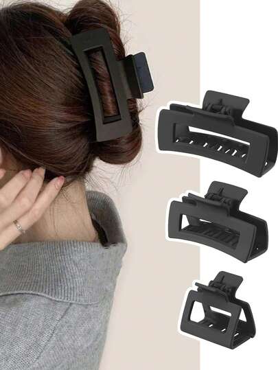 3Pcs/2Pcs/1Pc Square Plastic Frosted Black Hair Claw Clips, Lightweight Plastic Hair Clips, Large-Medium-Small Hair Claw Clips Set, Hair Accessories Claw Clips, Retro Frosted Disc Hair Clips, Hair Jaw Clips, Hair Clamps, Hair Clutch, Hair Catcher Clips, Fashionable, Versatile, Elegant, Minimalist Style, Solid Color Hair Accessories Suitable For Daily Outing, Leisure, Party, Commuting, Vacation, Washing Face, Makeup, Outfit Matching