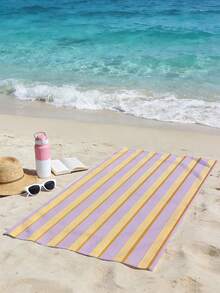 1pc Refreshing Purple & Yellow Striped Beach Towel, Soft Contrast Color Quick-Dry Bath Towel, Portable Beach Wrap For Vacation & Pool Photo Shoot - Multicolor - View 5