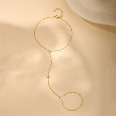 1件S925纯银星星花朵水钻装饰多吊坠可调节多层手链，优雅珠宝配饰