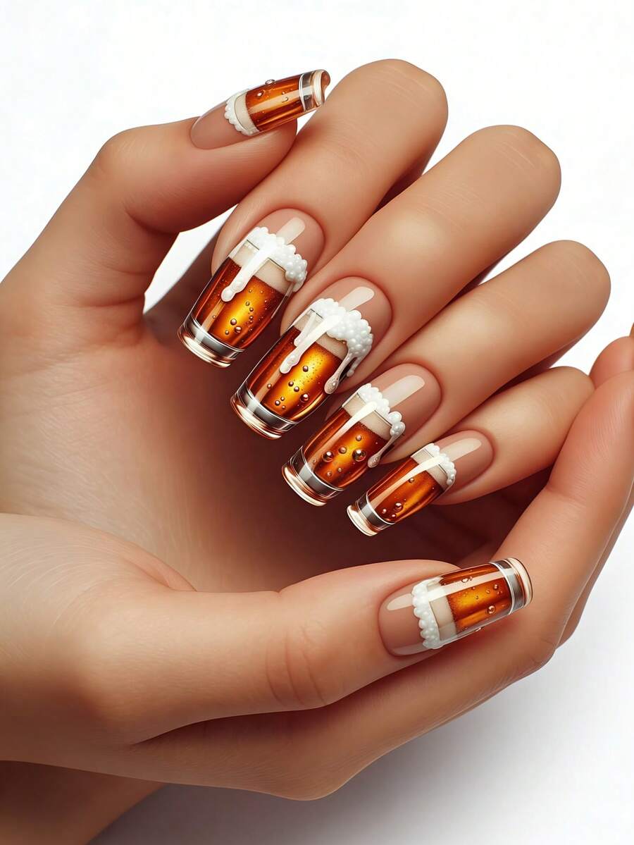 24 móng tay giả họa tiết cốc bia, móng tay giả bằng xốp màu hổ phách, decal trang trí móng tay vui nhộn cho các bữa tiệc, móng tay giả có thể tháo rời dùng hàng ngày, dự tiệc, du lịch. - Rỉ Nâu - Xem 1