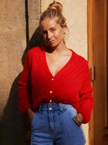 Solid Color Cardigan Long Sleeve Knit Sweater Jacket, Autumn/Winter - Đỏ - Xem 5